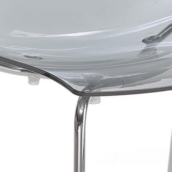 Polycarobonate chair with chromed steel legs close-up